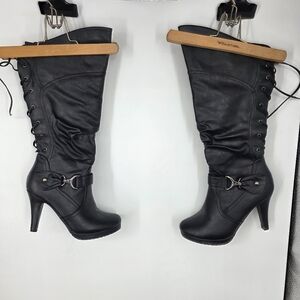 Top Moda PAGE-65 Black Knee High Slouch Boots Lace Up Back Side Zip Shoes W 7.5